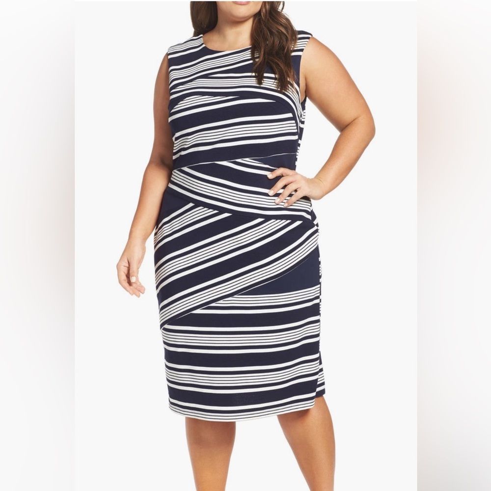 Adrianna Papell Blue Moon Navy and White Striped Sleeveless Sheath Dress